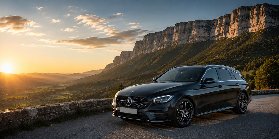 Mercedes Classe C noire d'Alpes Taxi face aux falaises du Vercors au coucher du soleil