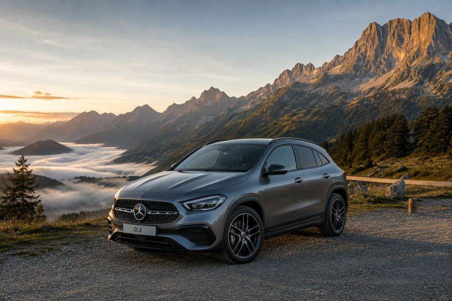 Mercedes GLA d'Alpes Taxi sur une route de montagne, au-dessus d'une mer de nuages